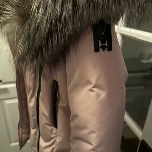 Mackage Women's Light Pink Puffer Jacket with Gray Fur Trim